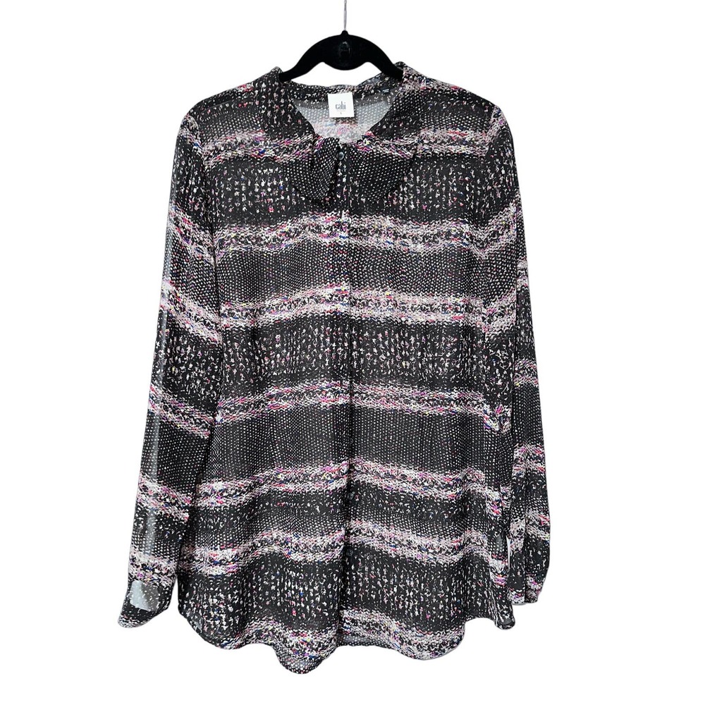 Cabi Sheer Maroon Print Long Sleeve Button Down Blouse w/Peter Pan Collar Size L